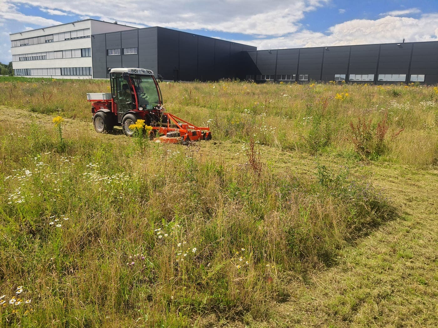 Traktor bei der Mäharbeit auf einer großen Grünfläche